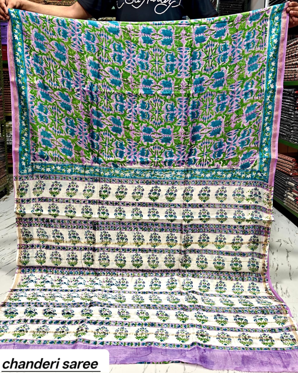 Light Green & Blue Floral Vine Chanderi Bagru Handblock Printed Silk Cotton Saree With Blouse