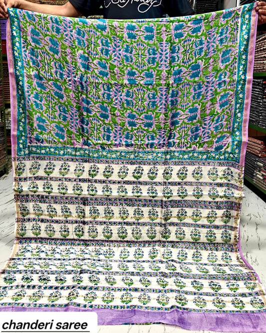 Light Green & Blue Floral Vine Chanderi Bagru Handblock Printed Silk Cotton Saree With Blouse