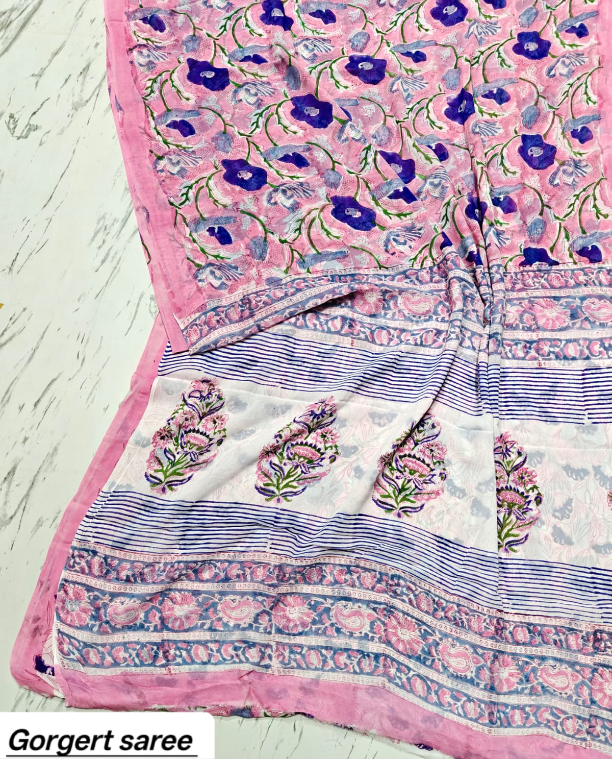 Light Pink & Purple Floral Handblock Printed Georgette Saree