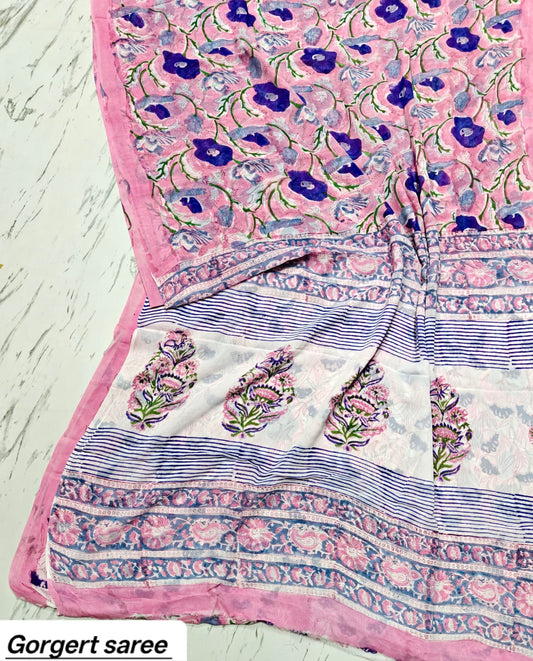 Light Pink & Purple Floral Handblock Printed Georgette Saree