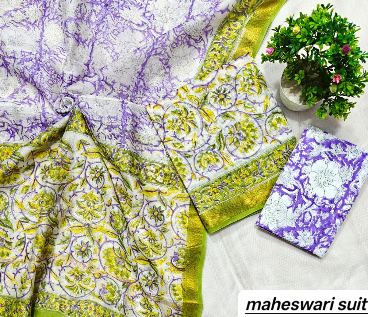 Lilac Purple Floral Jaal Handblock Printed Pure Maheshwari Silk Suit Set with Zari Border