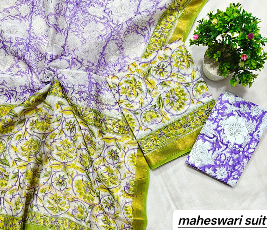 Lilac Purple Floral Jaal Handblock Printed Pure Maheshwari Silk Suit Set with Zari Border