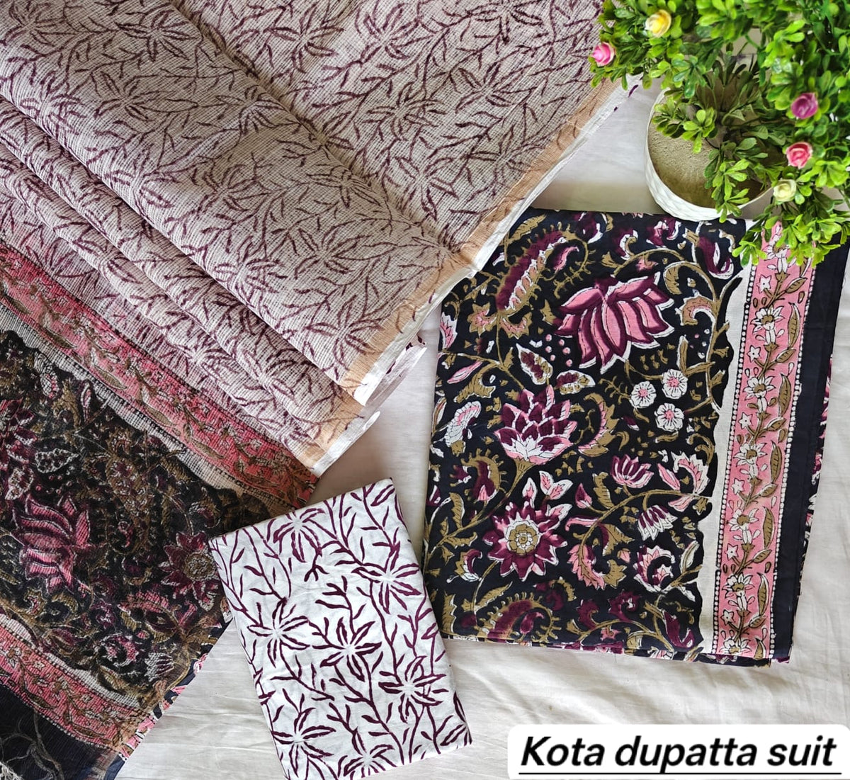 Lilac and Indigo Floral Motif Traditional Cotton Suit Set with Kota Doria Dupatta (Handblock Printed)