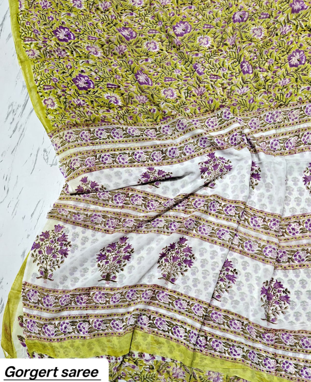 Lime Green Floral Handblock Printed Georgette Saree