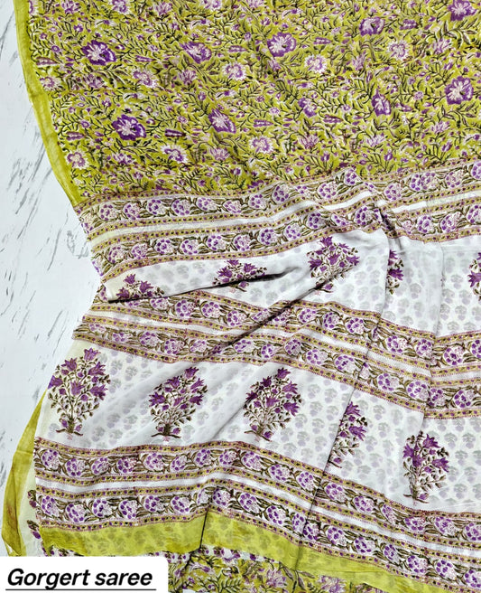 Lime Green Floral Handblock Printed Georgette Saree