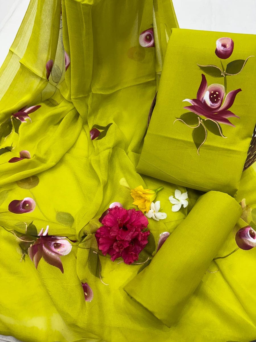 Lime Green Floral Painted Traditional Handblock Cotton Suit Set with Chiffon Dupatta