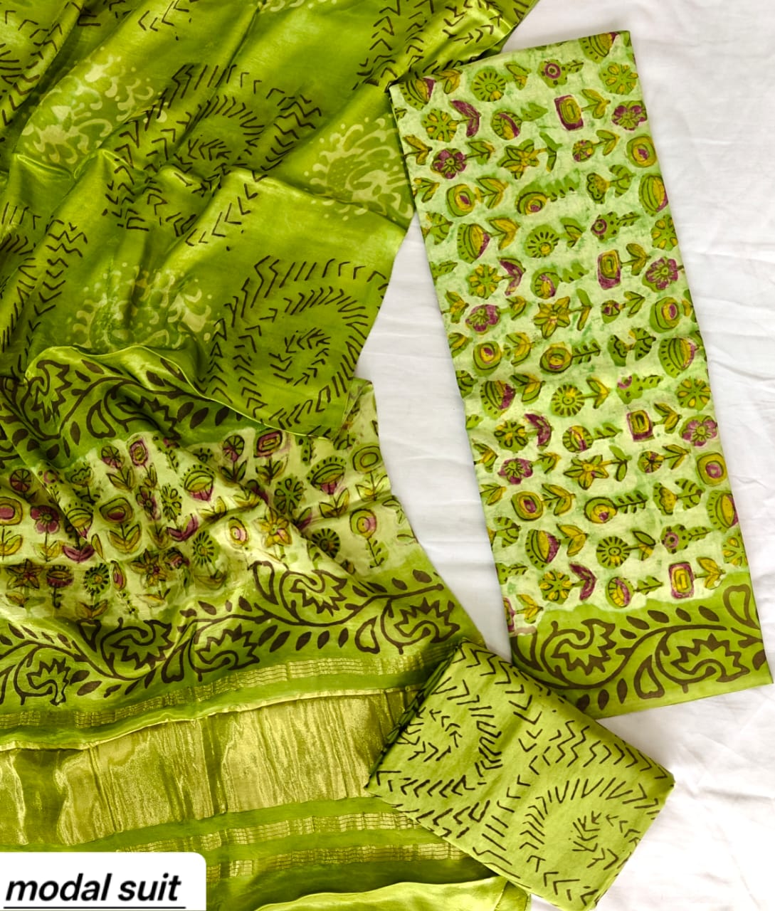 Lime Green Floral Premium Pomegranate Printed Modal Silk Handblock Unstitched Suit Material