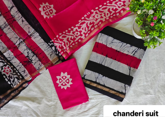 Magenta Pink and Black Bold Stripe Handblock Printed Pure Chanderi Silk Unstitched Suit Set