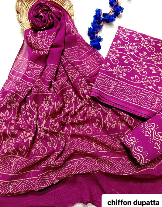 Magenta Classic Traditional Handblock Cotton Suit Set with Chiffon Dupatta