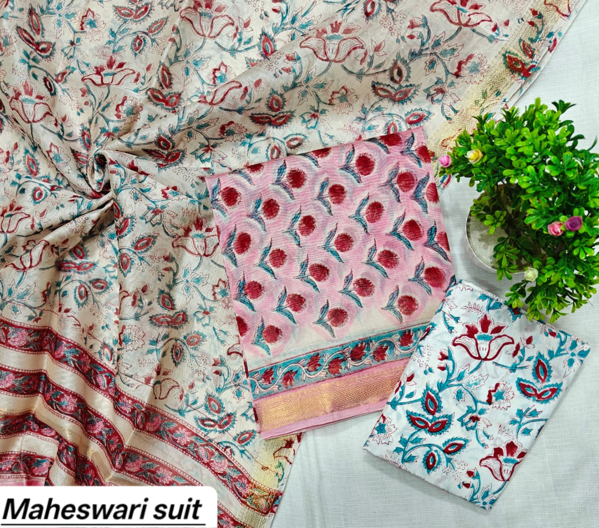 Magenta & Green Floral Block Print Handblock Printed Pure Maheshwari Silk Unstitched Suit Set with Dupatta