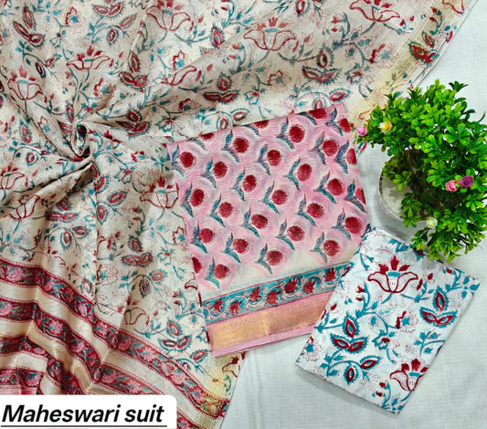 Magenta & Green Floral Block Print Handblock Printed Pure Maheshwari Silk Unstitched Suit Set with Dupatta