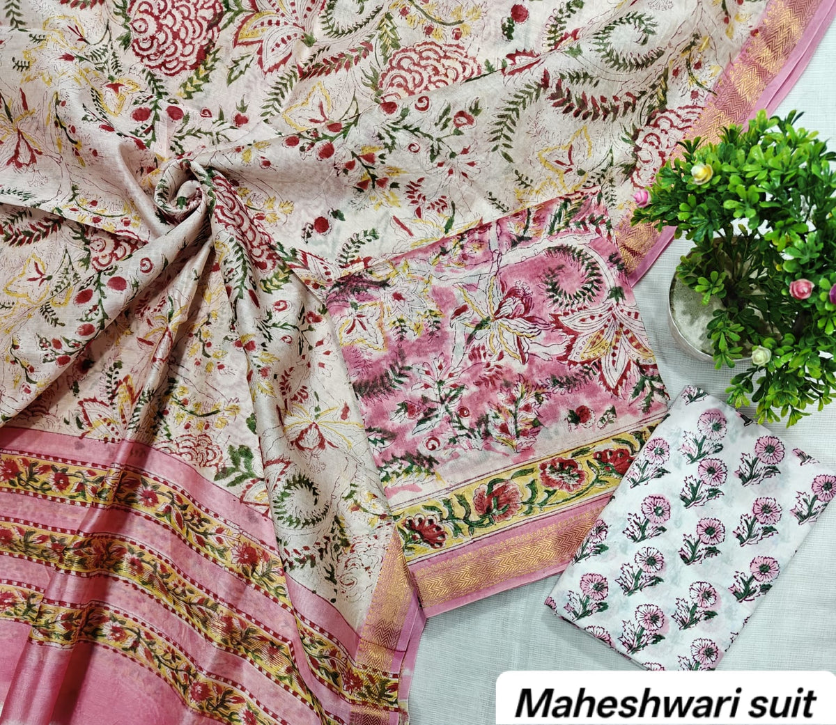 Magenta & Green Floral Motif Handblock Printed Pure Maheshwari Silk Unstitched Suit Set with Dupatta