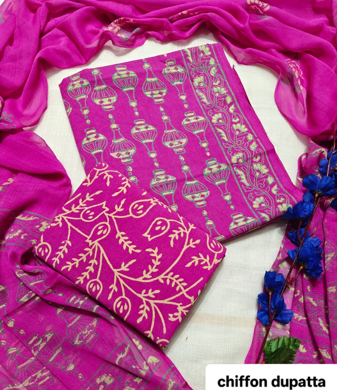 Magenta Pink Bandhani Style Traditional Handblock Cotton Suit Set with Chiffon Dupatta