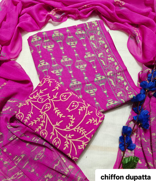 Magenta Pink Bandhani Style Traditional Handblock Cotton Suit Set with Chiffon Dupatta