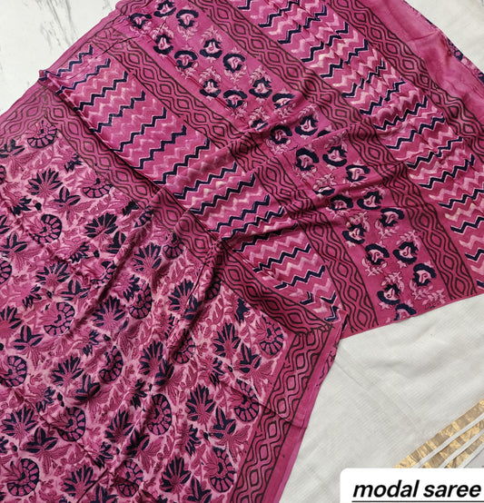 Magenta Pink & Black Geometric Handblock Print Pure Modal Silk Ajrakh Saree