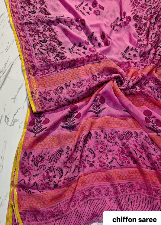 Magenta Pink Floral Motif Pure Hand Block Printed Double Diamond Chiffon Saree