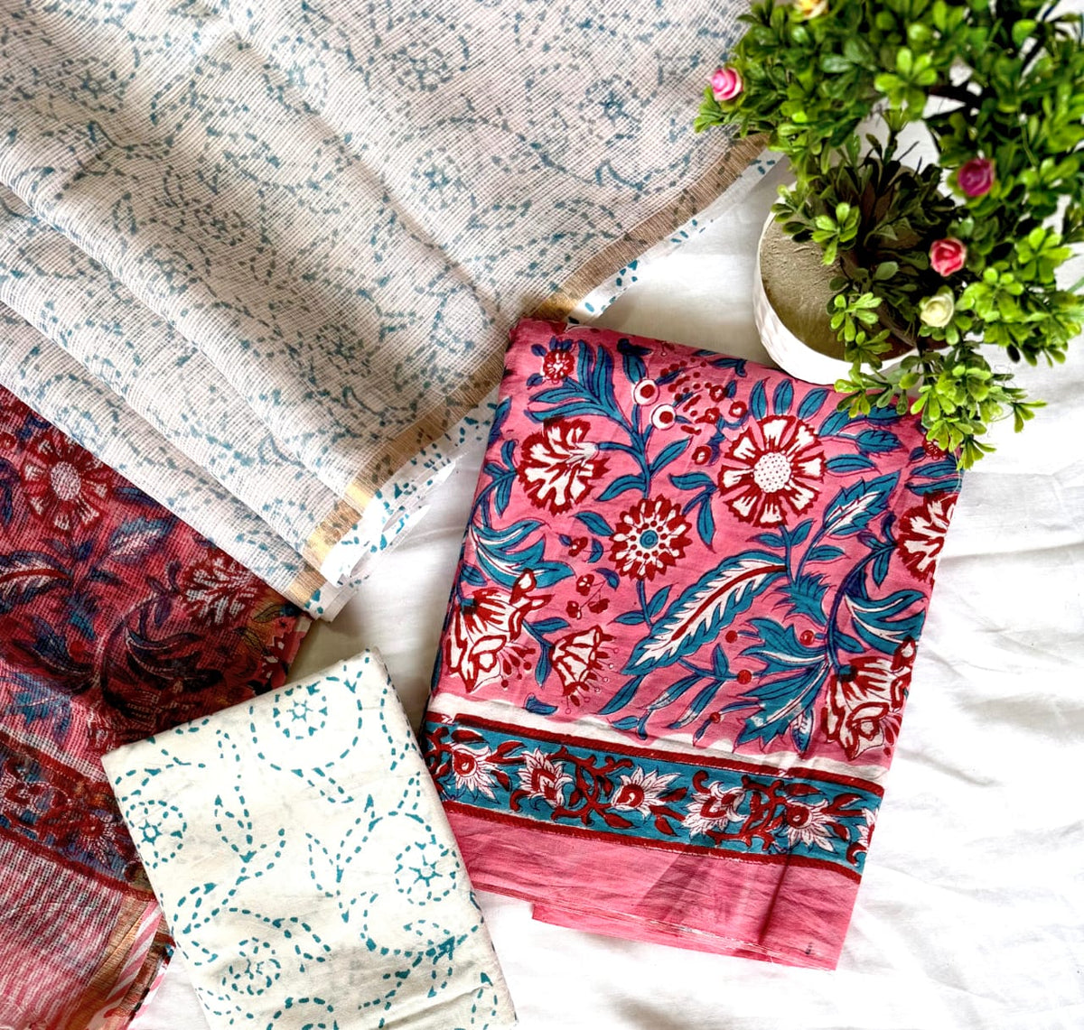 Magenta Pink and Blue Floral Jaal Traditional Cotton Suit Set with Kota Doria Dupatta (Handblock Printed)