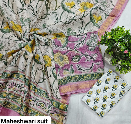 Magenta & Yellow Floral Motif Handblock Printed Pure Maheshwari Silk Unstitched Suit Set with Dupatta