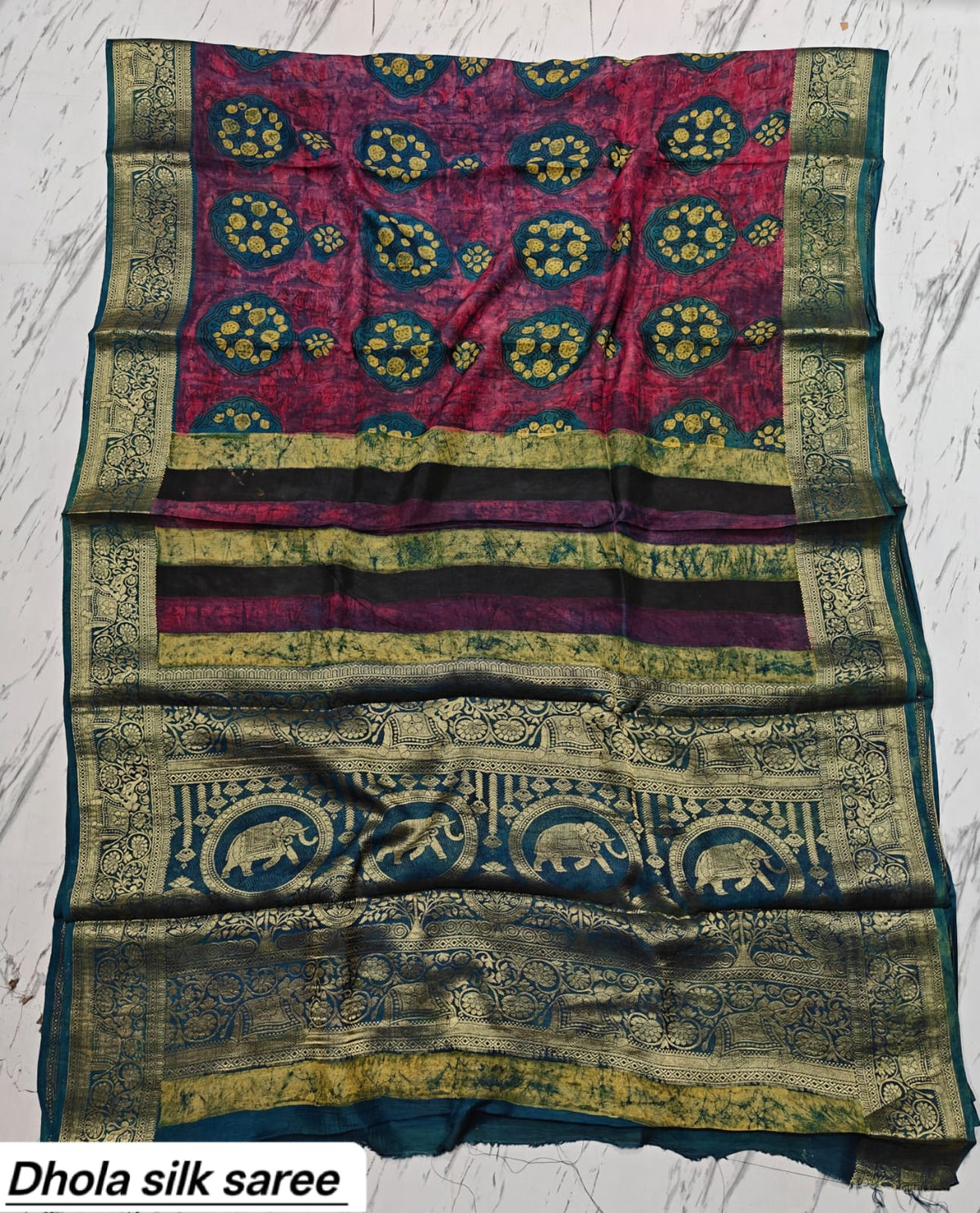 Maroon & Green Floral Geometric Pure Dola Silk Ajrakh Handblock Printed Saree