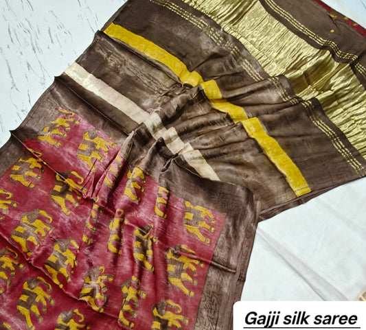 Maroon & Mustard Yellow Geometric Ajrakh Handblock Saree in Pure Gajji Silk