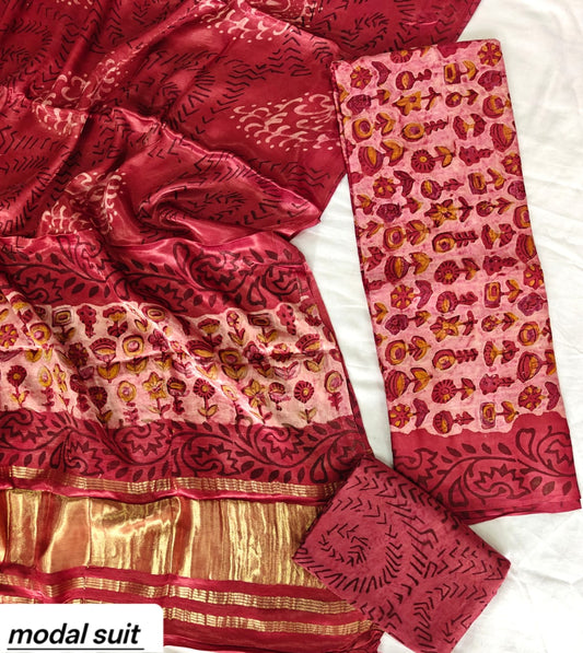 Maroon & Pink Floral Premium Pomegranate Printed Modal Silk Handblock Unstitched Suit Material
