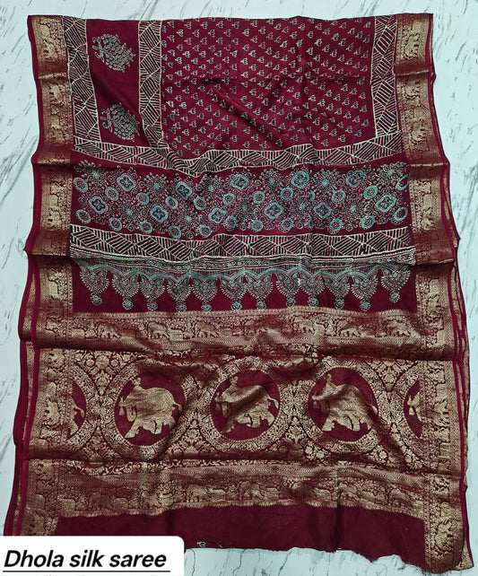 Maroon & Red Floral Geometric Pure Dola Silk Ajrakh Handblock Printed Saree
