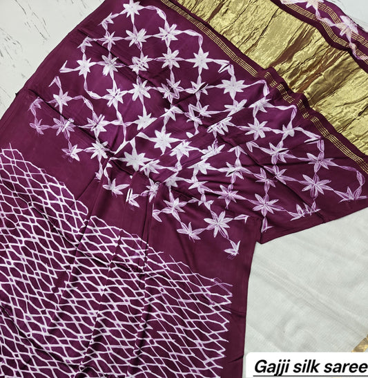 Maroon & White Geometric Ajrakh Handblock Saree in Pure Gajji Silk