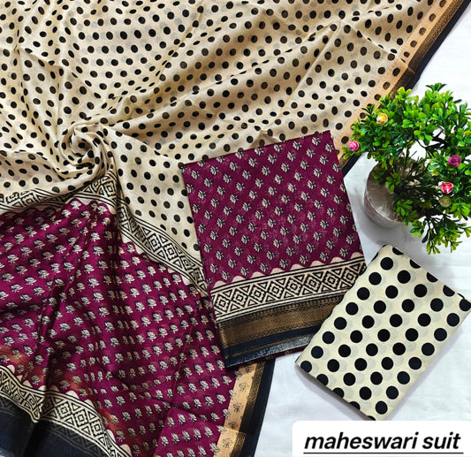 Maroon and Cream Floral Booti Handblock Printed Pure Maheshwari Silk Suit Set with Zari Border