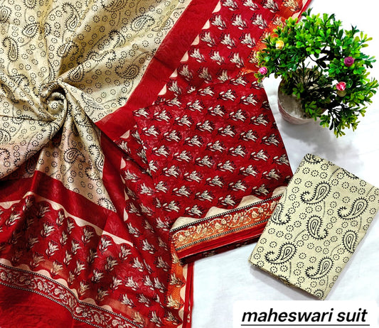 Maroon and Cream Geometric Block Motif Handblock Printed Pure Maheshwari Silk Suit Set with Zari Border