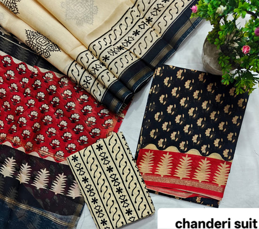 Midnight Black Floral Booti Handblock Printed Pure Chanderi Silk Unstitched Suit Set