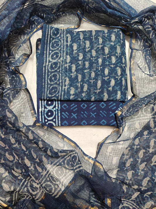 Midnight Blue and White Booti Motif PURE KOTA DORIA HAND BLOCK PRINTED SUIT