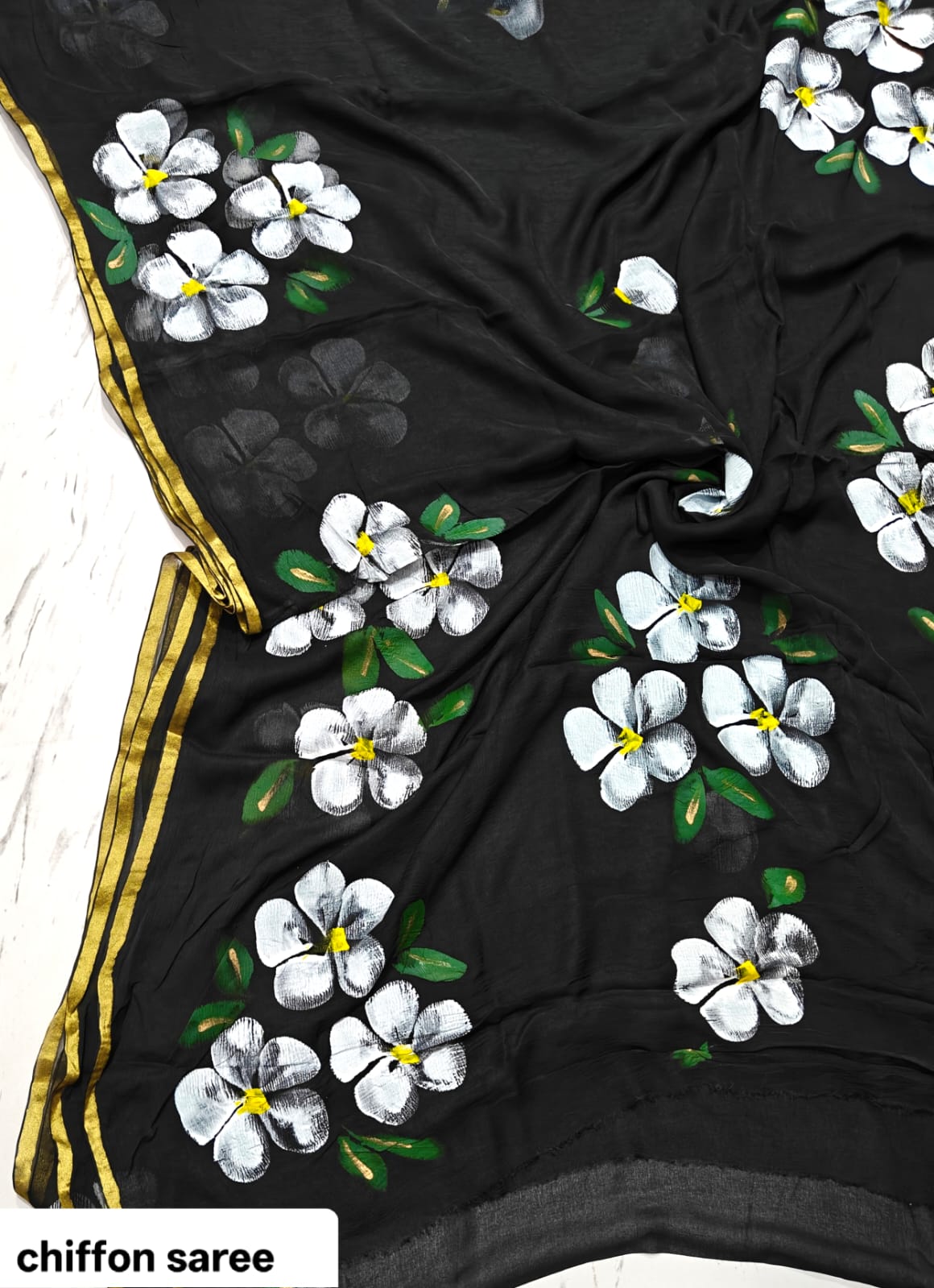Midnight Black Large Floral Motif Pure Hand Block Printed Double Diamond Chiffon Saree