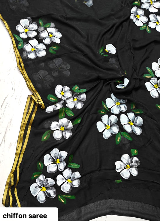 Midnight Black Large Floral Motif Pure Hand Block Printed Double Diamond Chiffon Saree