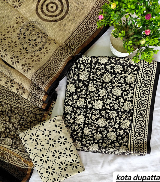 Midnight Black and Cream Floral Block Traditional Cotton Suit Set with Kota Doria Dupatta (Handblock Printed)