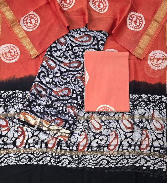 Midnight Black and Rose Pink Floral Motif Handblock Printed Pure Maheshwari Silk Suit Set with Zari Border