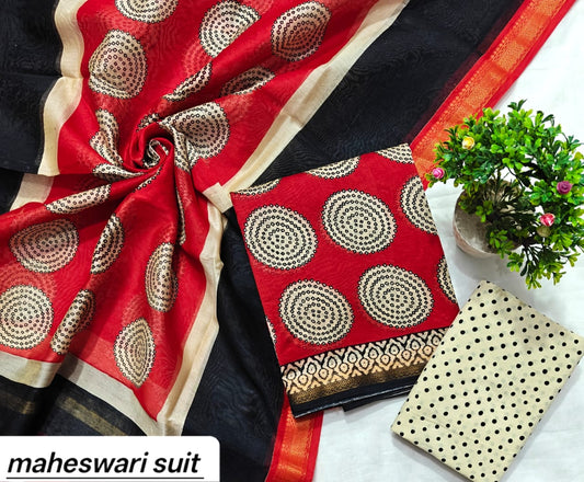 Midnight Black and Ruby Red Abstract Leaf Handblock Printed Pure Maheshwari Silk Suit Set with Zari Border