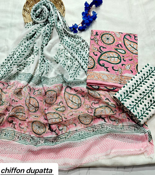 Mint Green and Pink Floral Traditional Handblock Cotton Suit Set with Chiffon Dupatta