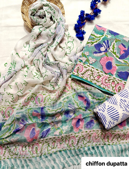 Multi-Color Floral Traditional Handblock Cotton Suit Set with Chiffon Dupatta