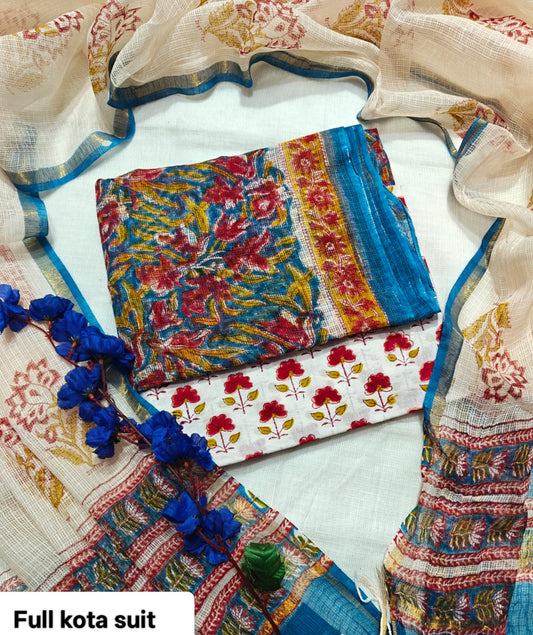 Multicolor Abstract Floral Motif PURE KOTA DORIA HAND BLOCK PRINTED SUIT