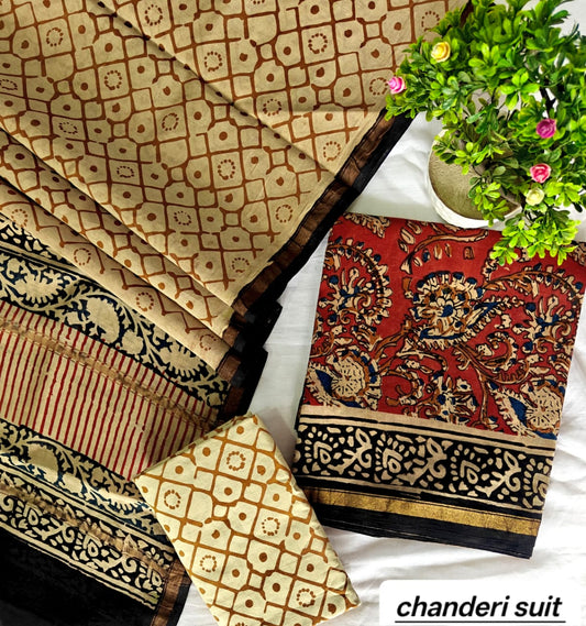 Mustard Brown Floral Pattern Handblock Printed Pure Chanderi Silk Unstitched Suit Set