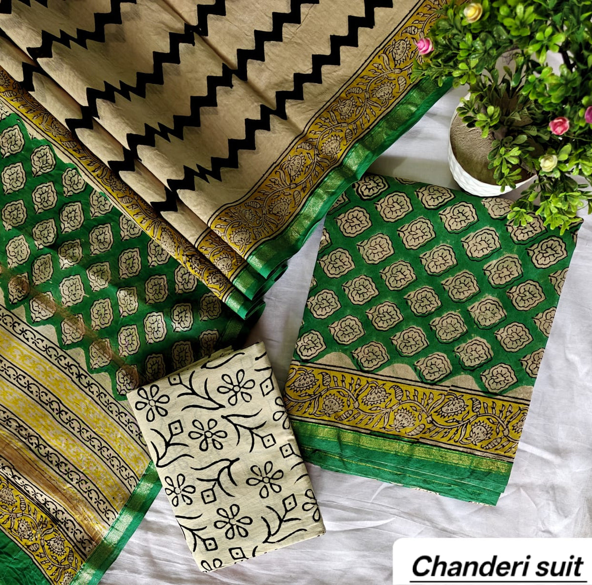 Mustard Yellow and Black Chevron Handblock Printed Pure Chanderi Silk Unstitched Suit Set