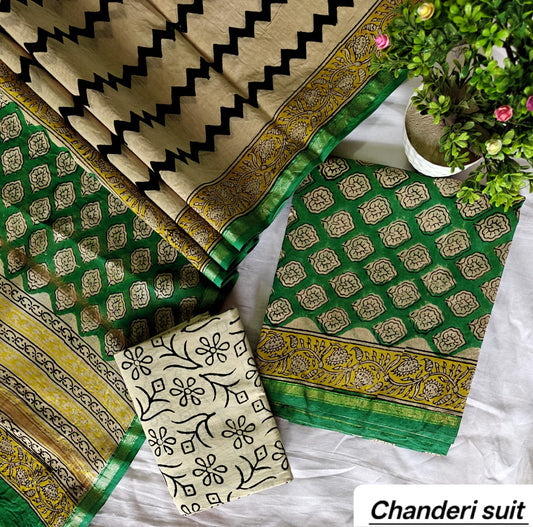 Mustard Yellow and Black Chevron Handblock Printed Pure Chanderi Silk Unstitched Suit Set