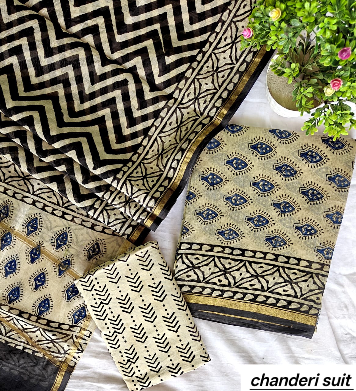 Mustard Yellow and Black Zigzag Handblock Printed Pure Chanderi Silk Unstitched Suit Set