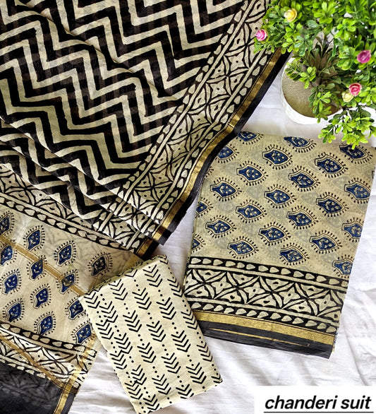 Mustard Yellow and Black Zigzag Handblock Printed Pure Chanderi Silk Unstitched Suit Set