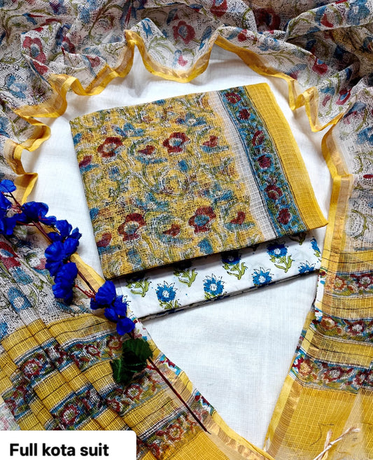 Mustard Yellow and Blue Floral Pattern PURE KOTA DORIA HAND BLOCK PRINTED SUIT