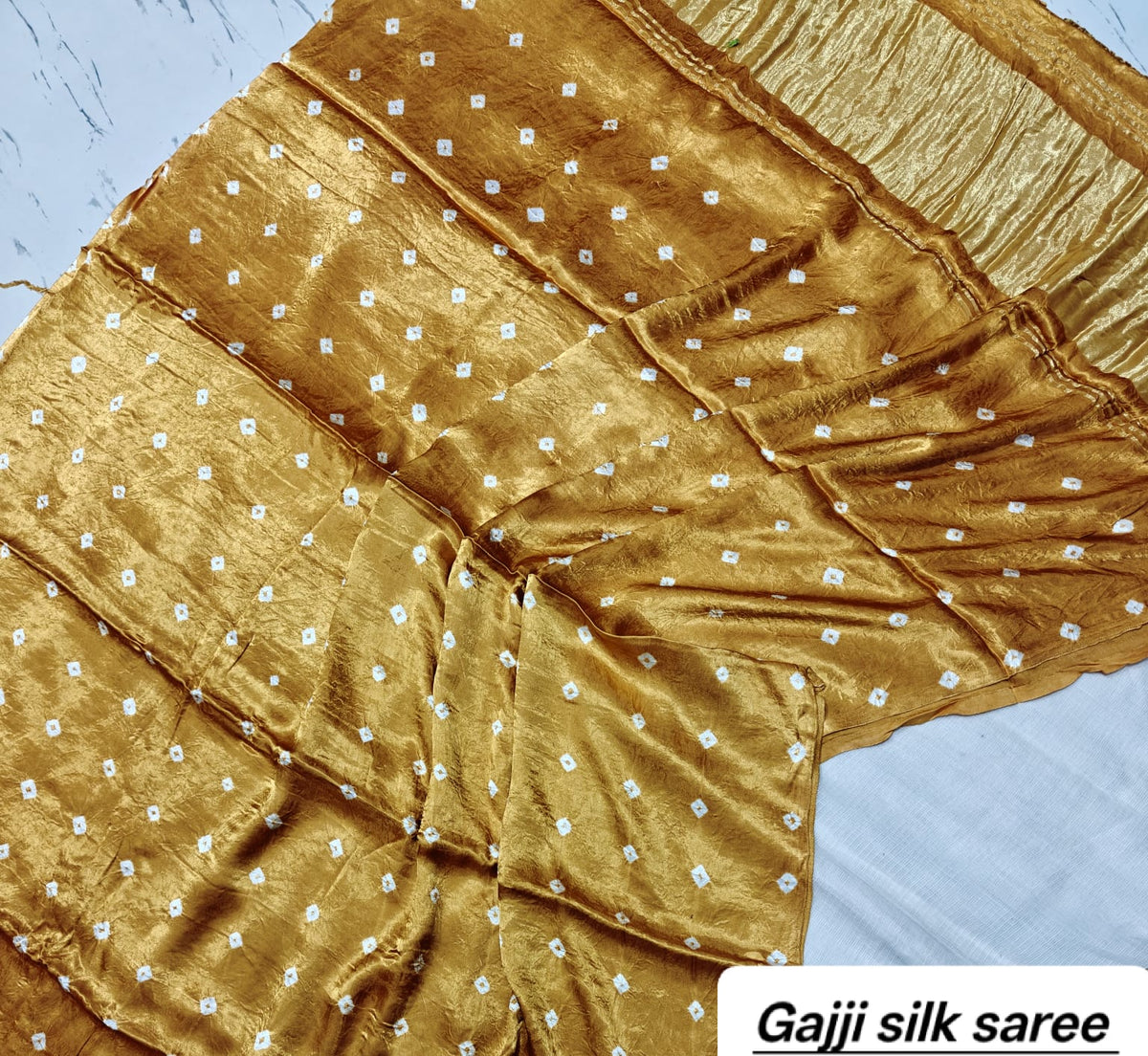 Mustard Yellow Bandhani Ajrakh Handblock Saree in Pure Gajji Silk