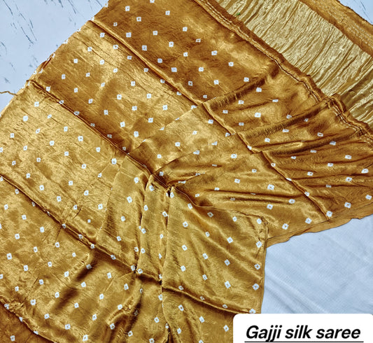 Mustard Yellow Bandhani Ajrakh Handblock Saree in Pure Gajji Silk