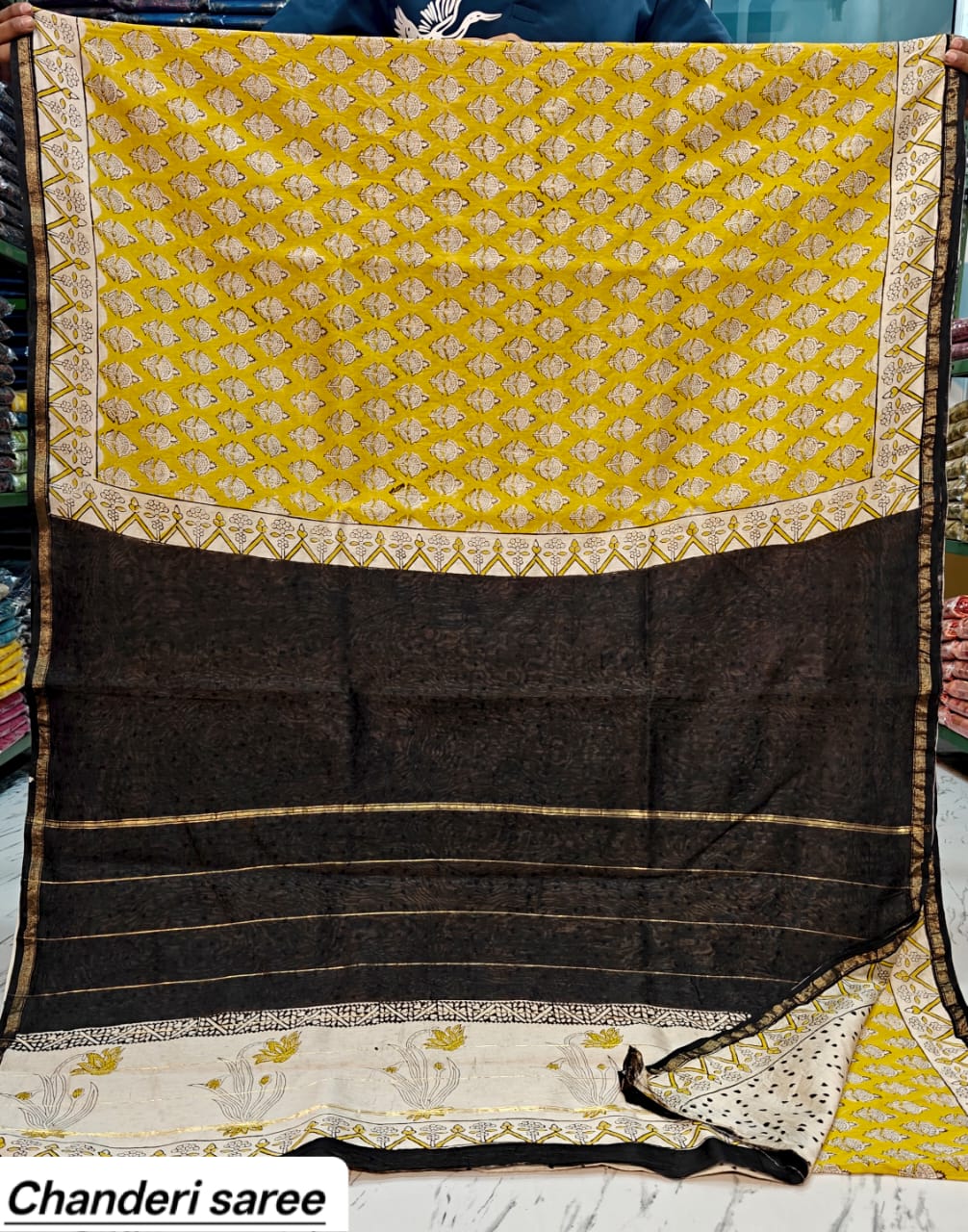Mustard Yellow & Black Checkered Chanderi Bagru Handblock Printed Silk Saree With Blouse