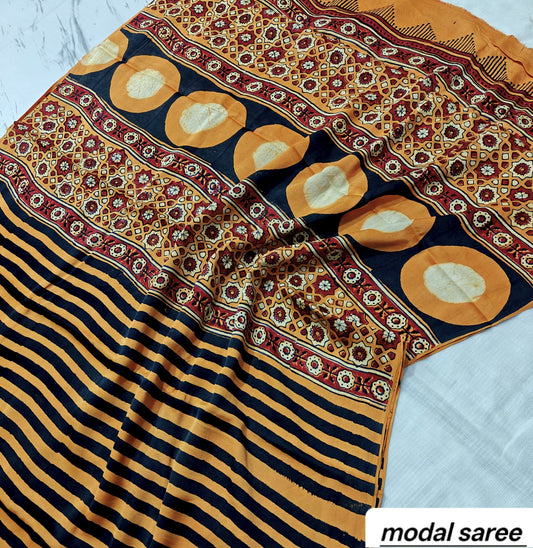 Mustard Yellow & Black Circular Motif Handblock Print Pure Modal Silk Ajrakh Saree