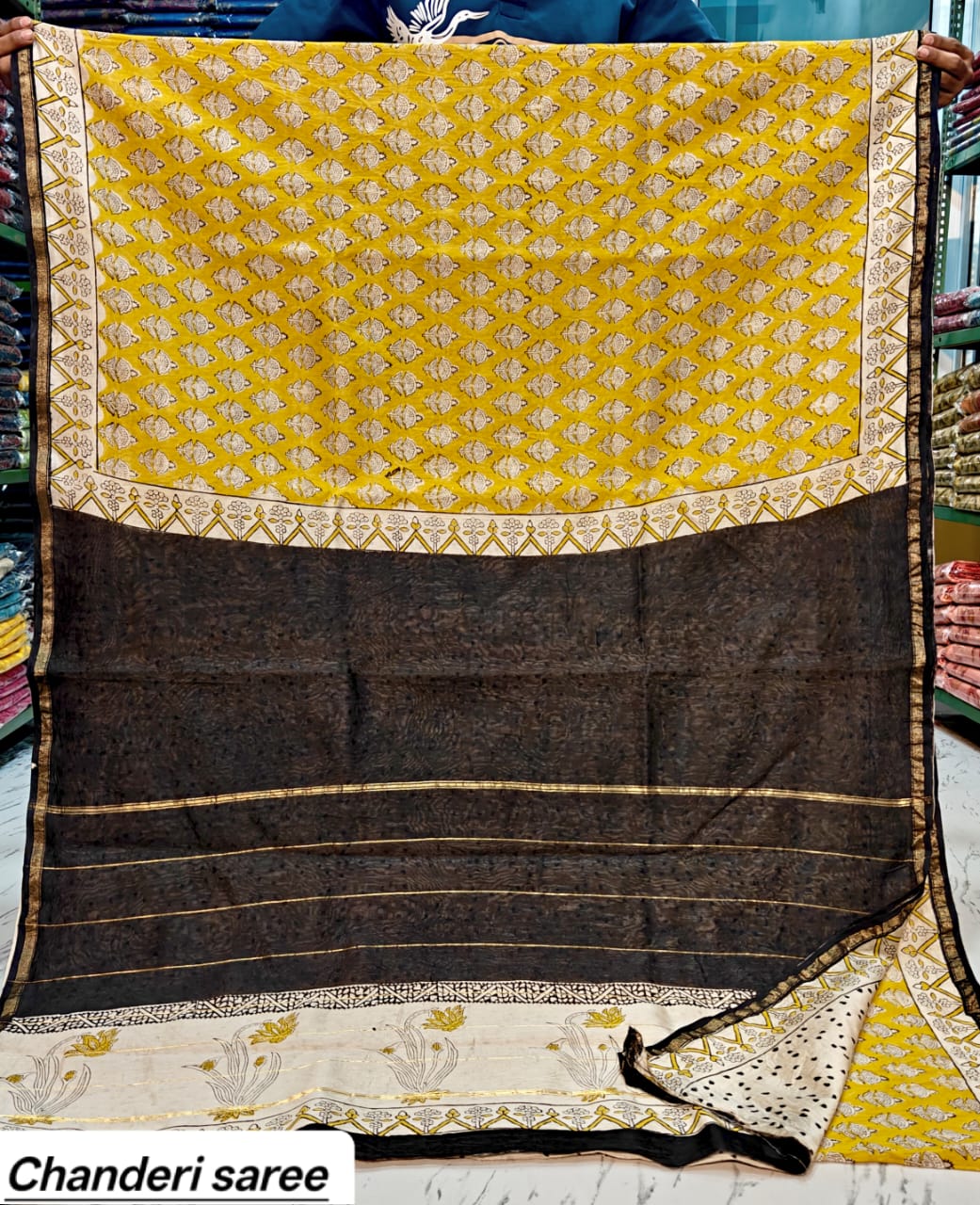 Mustard Yellow & Black Floral Border Chanderi Bagru Handblock Printed Silk Saree With Blouse